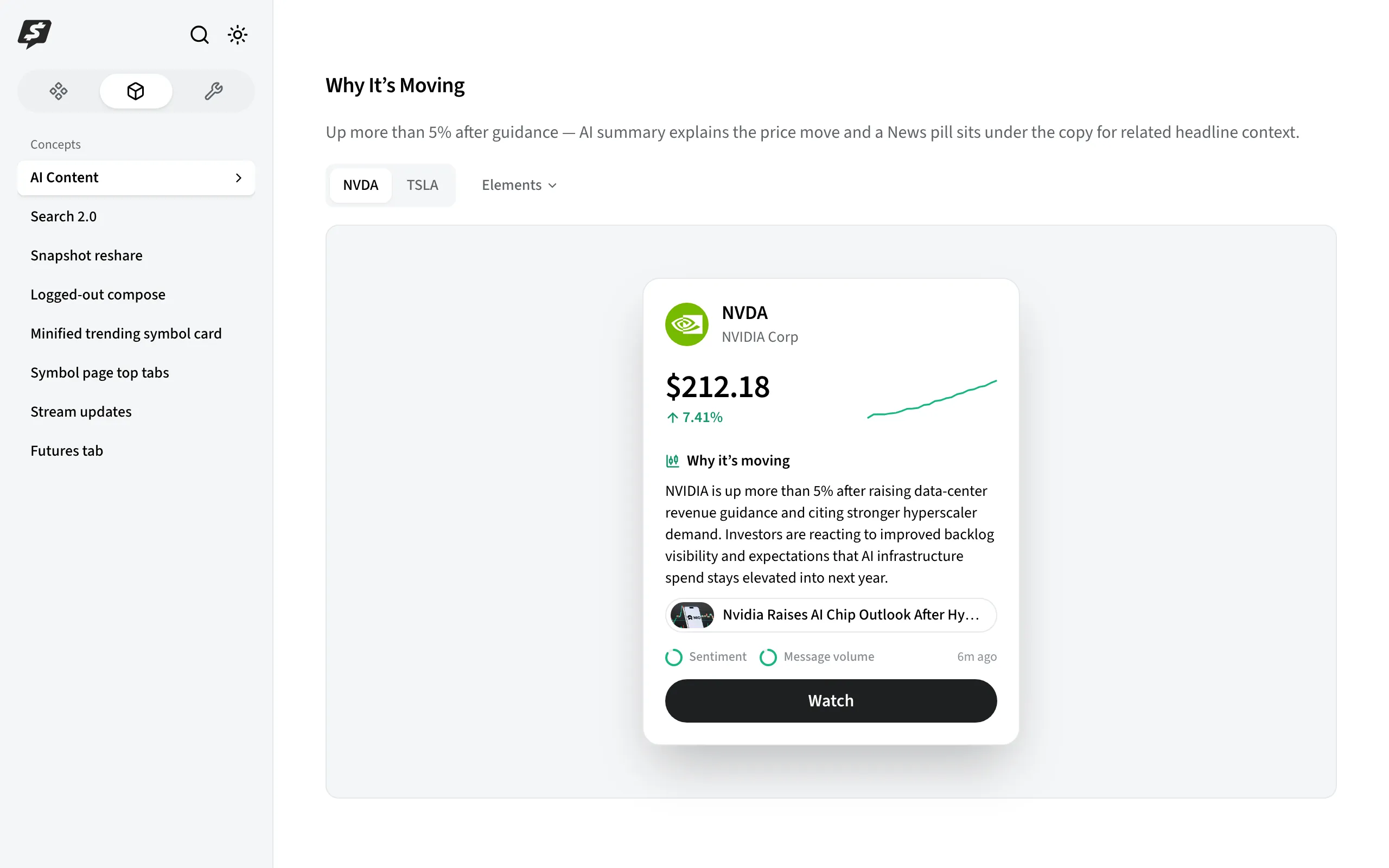 The Why It’s Moving card: an AI summary of a 7% NVDA move with a news pill