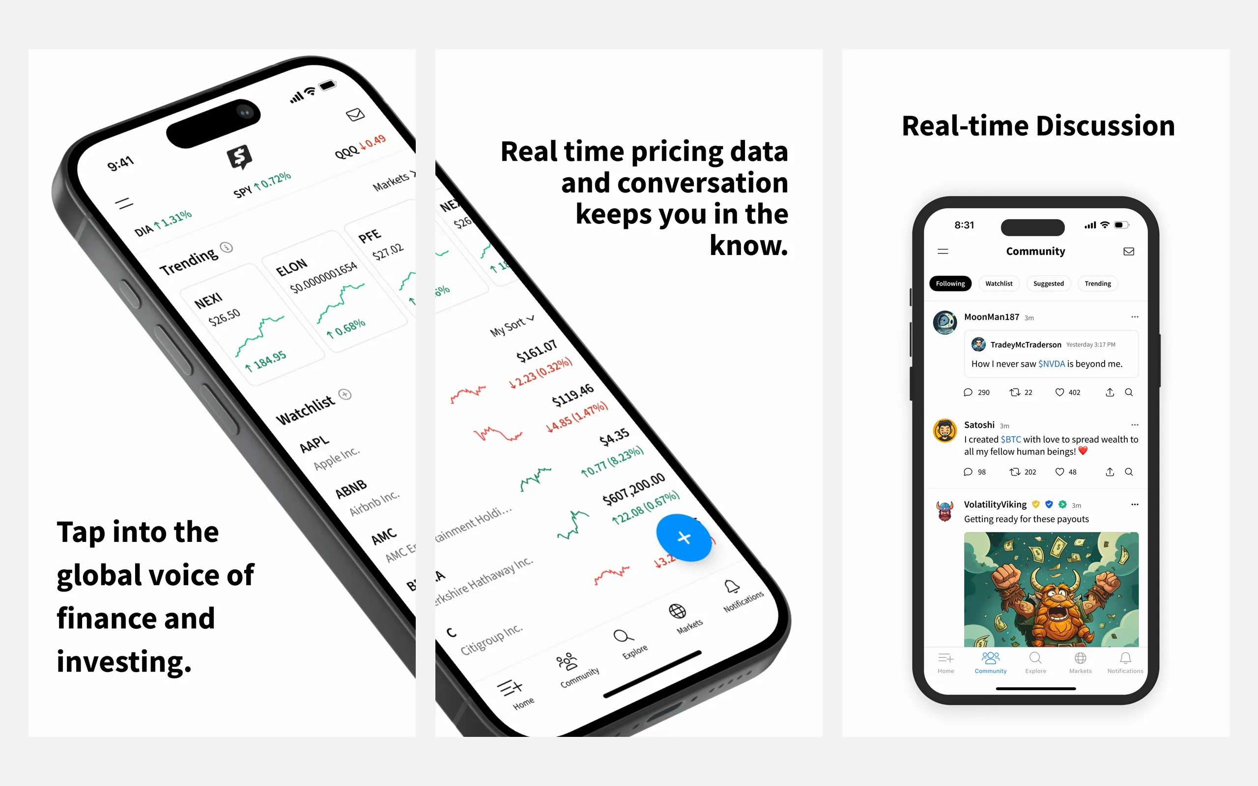 Three App Store screenshots: trending and watchlist, real-time pricing, and community discussion