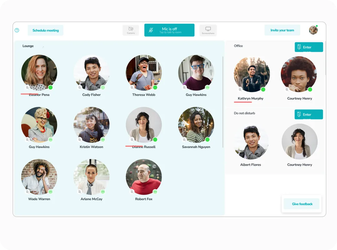 Commons: a team lounge showing who is available, with push-to-talk and do-not-disturb states