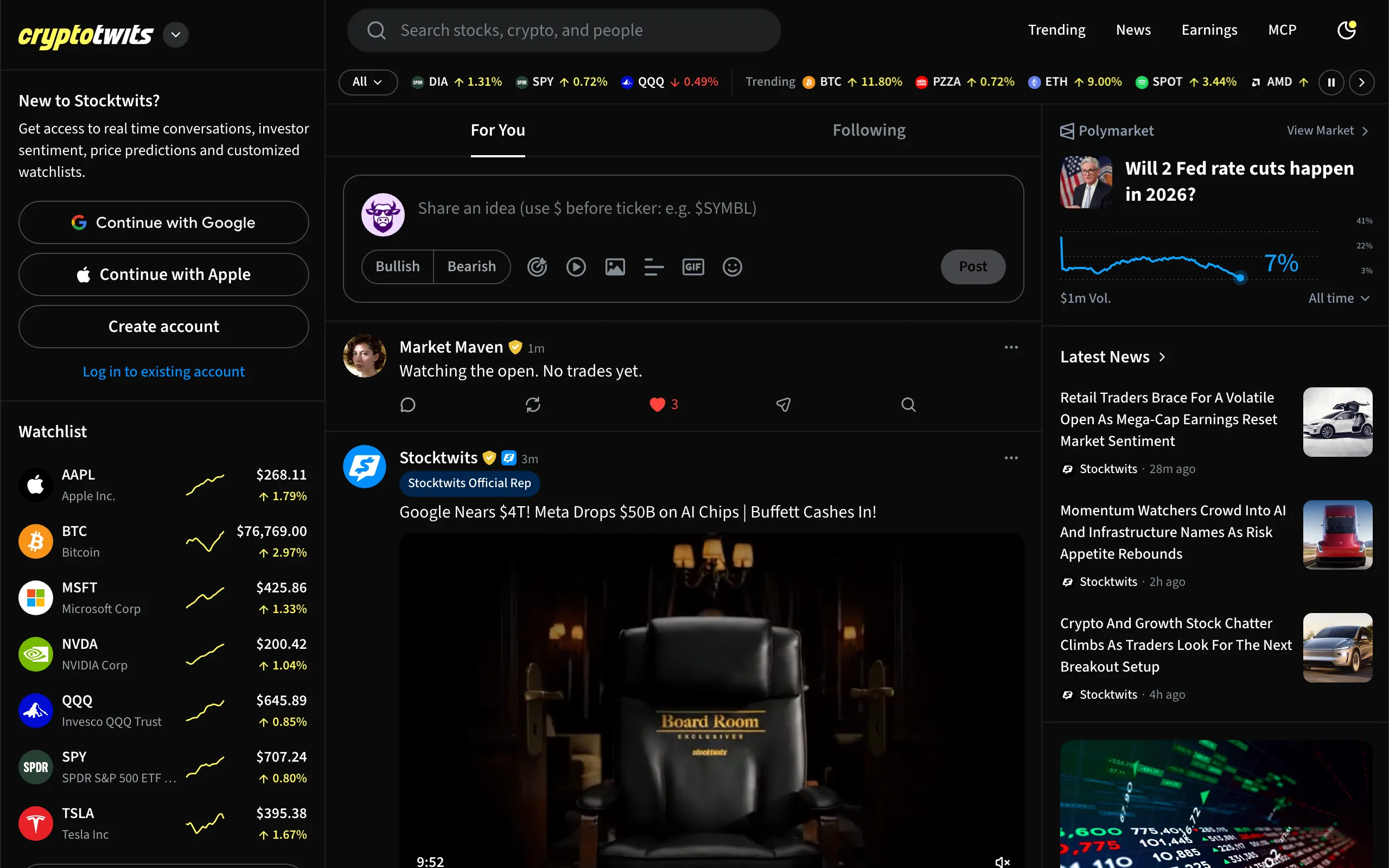 The home feed in the Cryptotwits theme: For You stream, watchlist, and latest news on dark surfaces