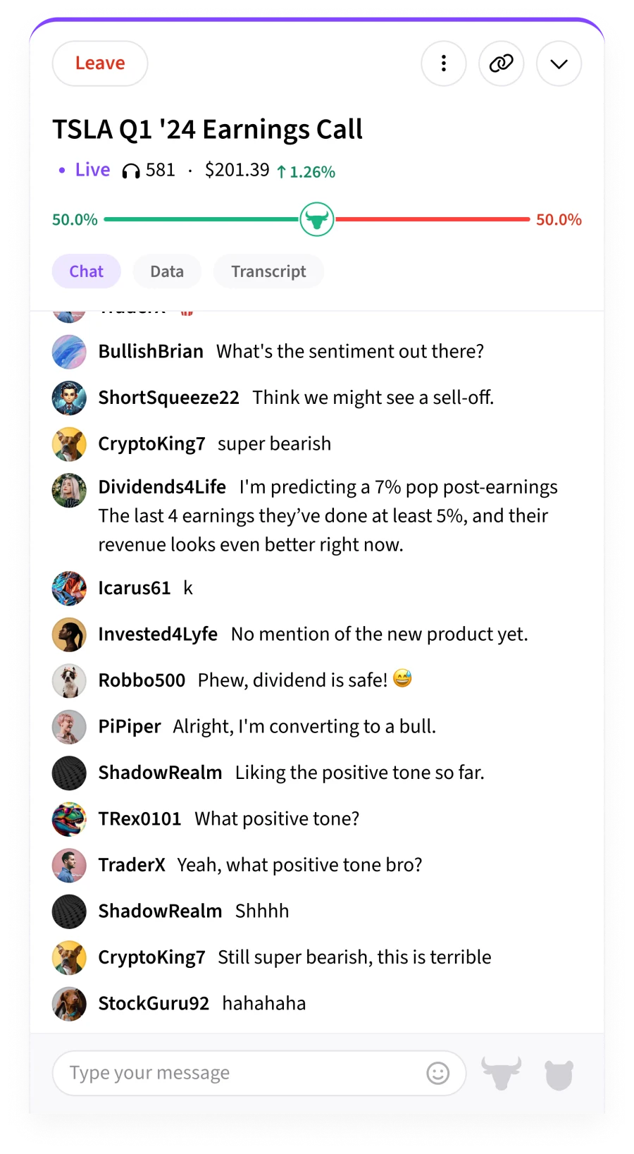 The TSLA earnings call live room: listeners, price, sentiment bar, and the chat tab