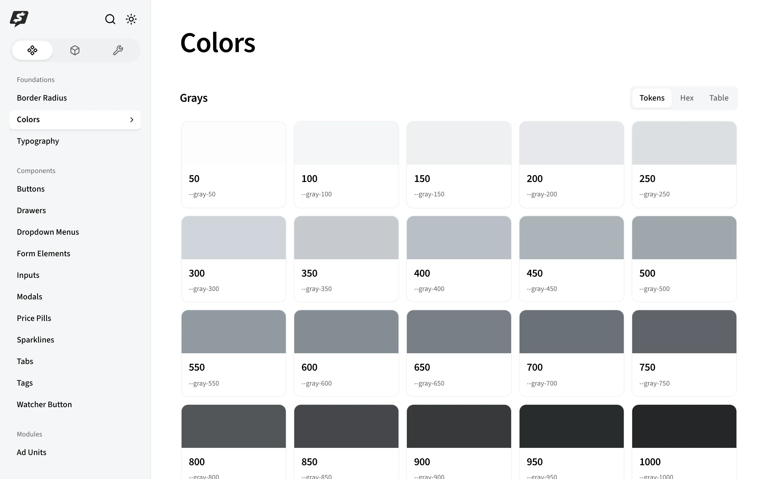 Color tokens from the design system: the gray scale with token names