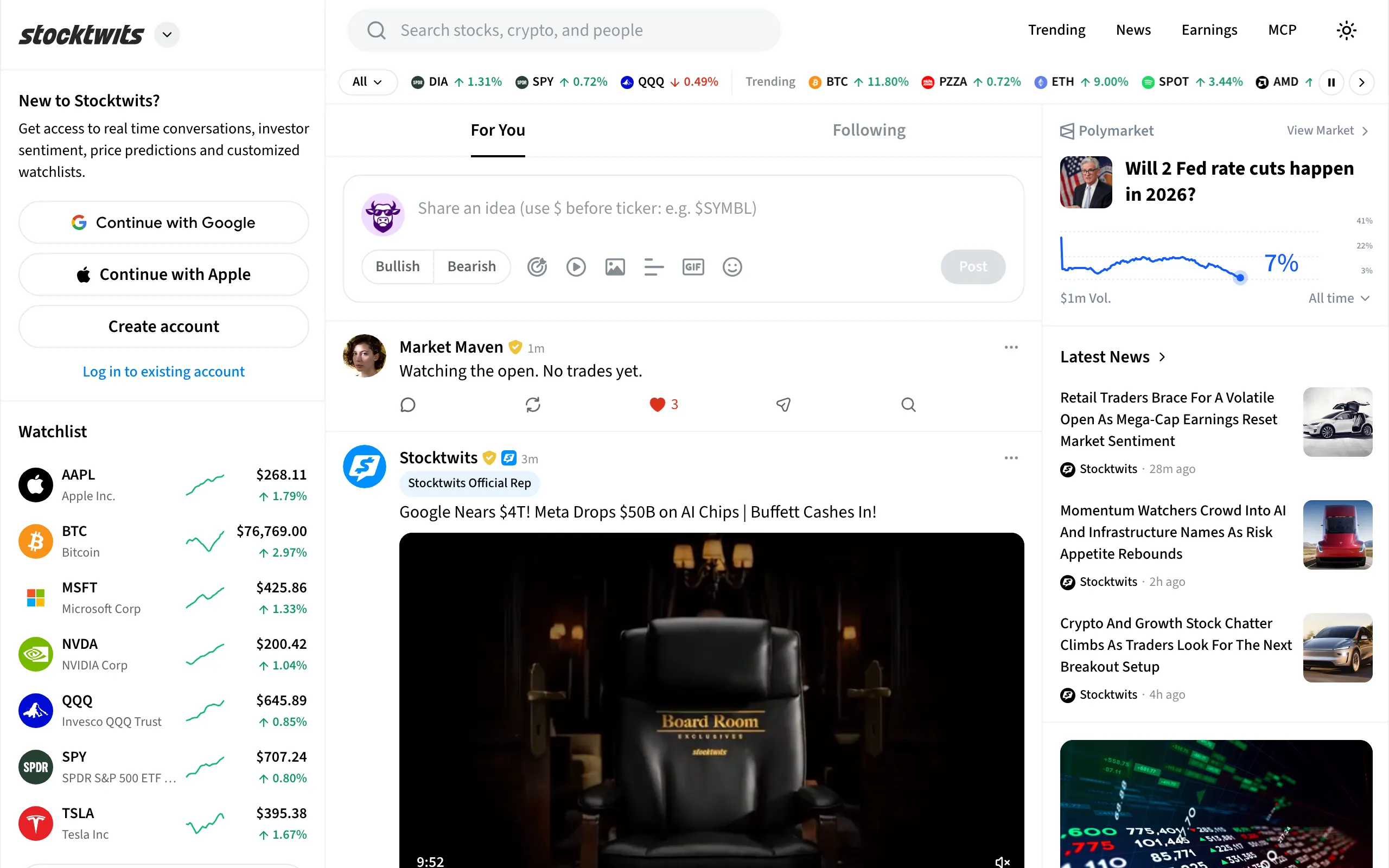 The For You home feed: compose box, community posts, Polymarket, and latest news