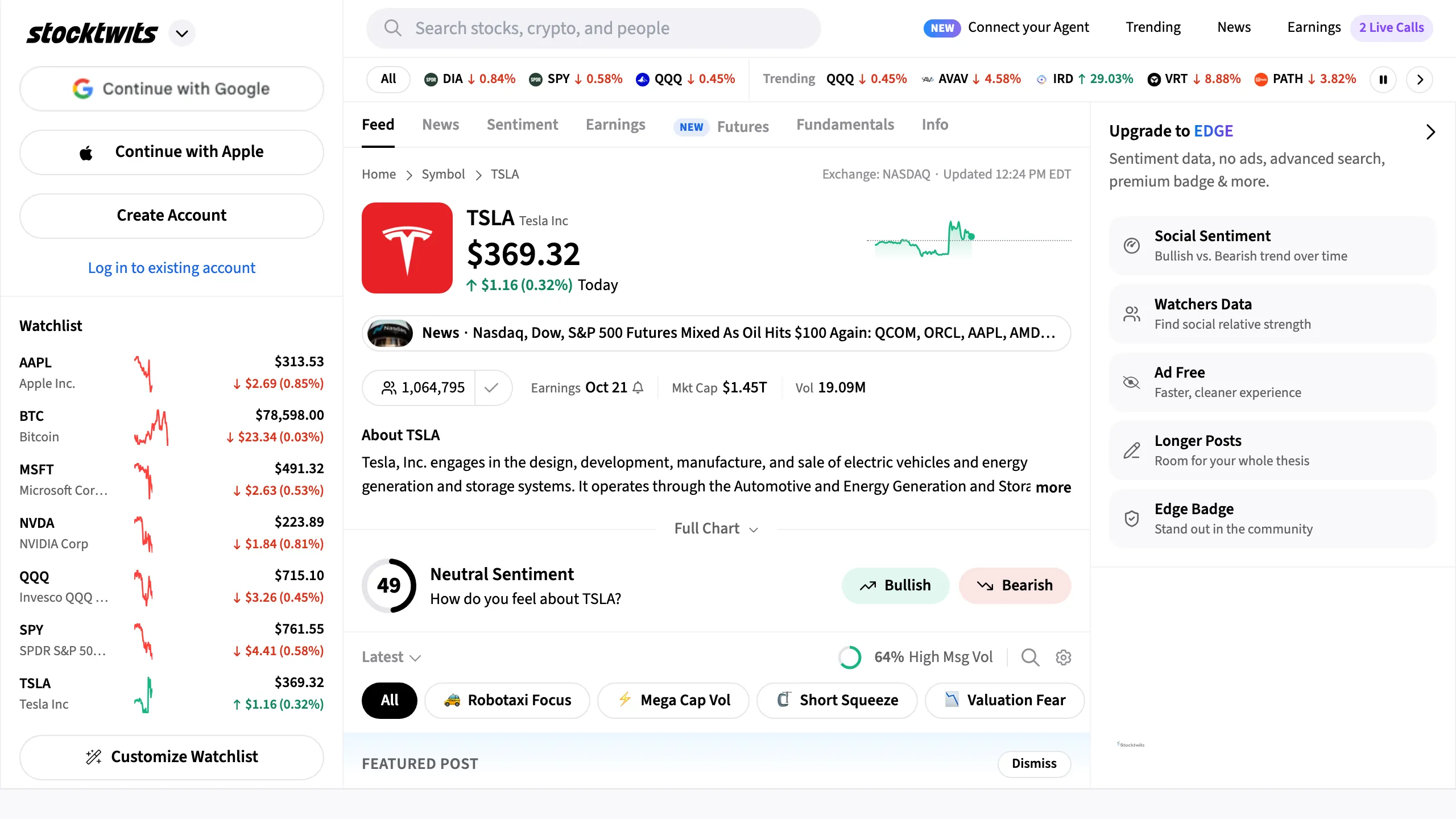 The logged-out TSLA symbol page on stocktwits.com as search traffic sees it