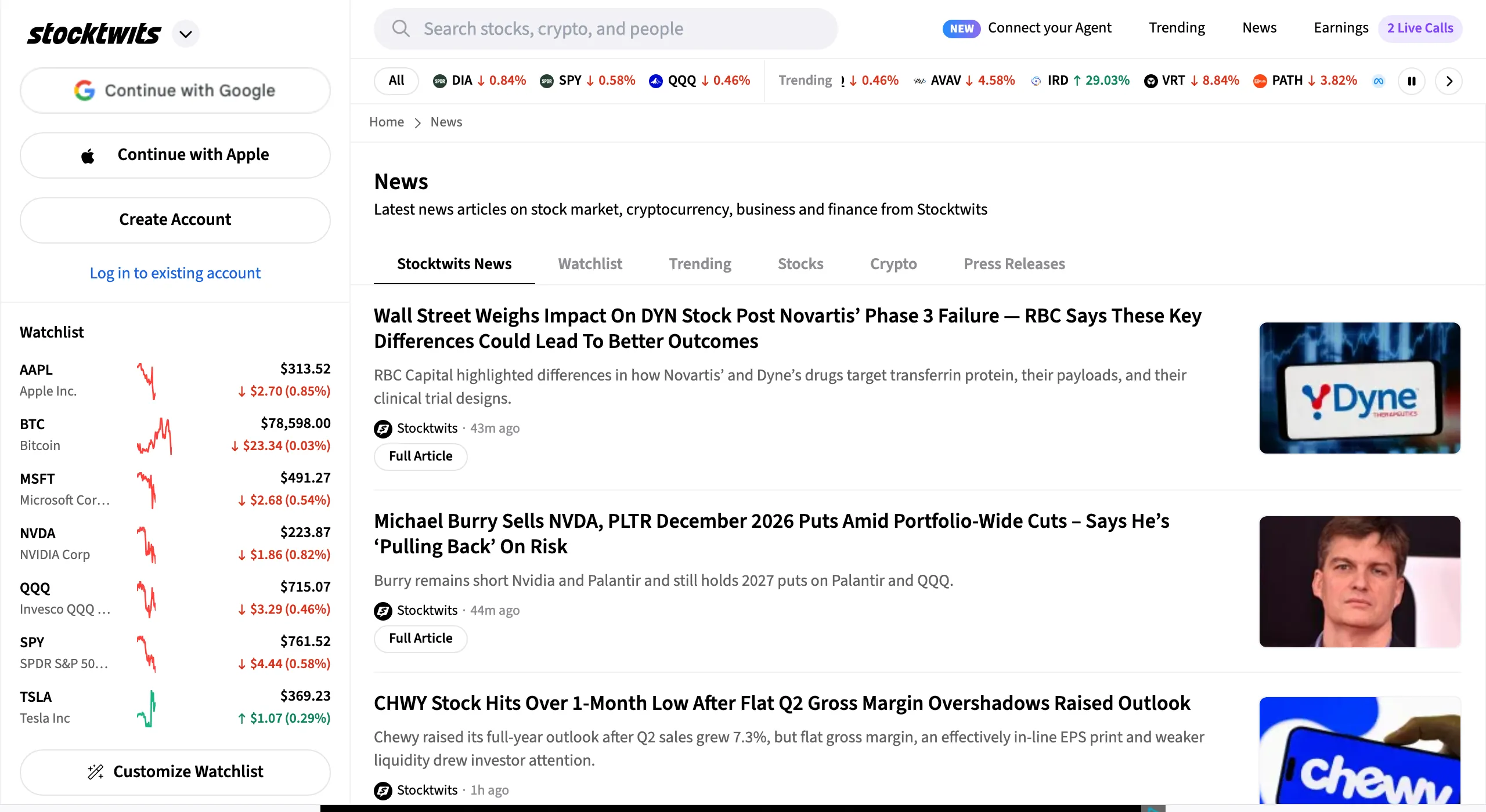 Stocktwits News: article list with headline, summary, and image per story