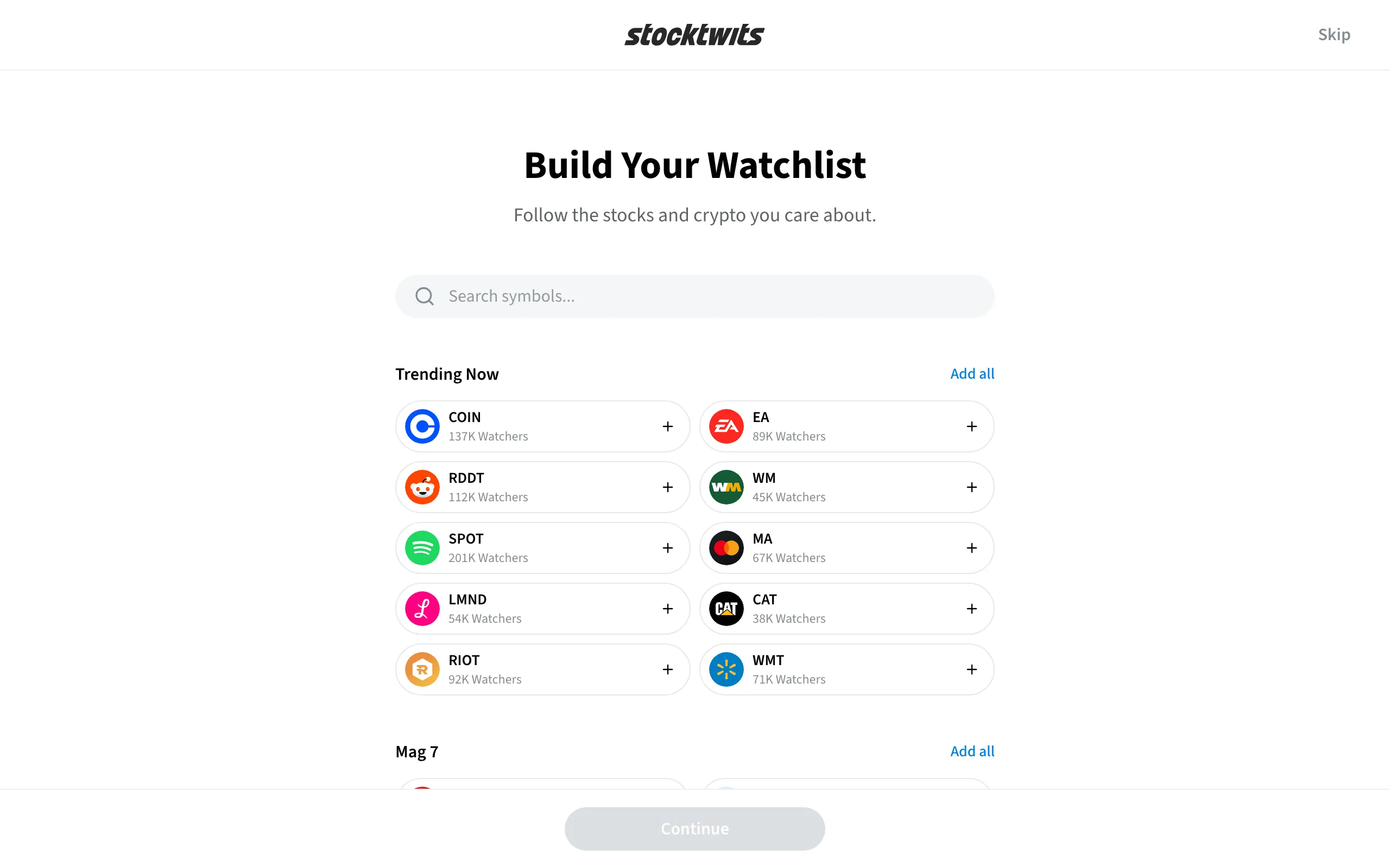 Onboarding step: Build Your Watchlist, with trending and Mag 7 symbols to add