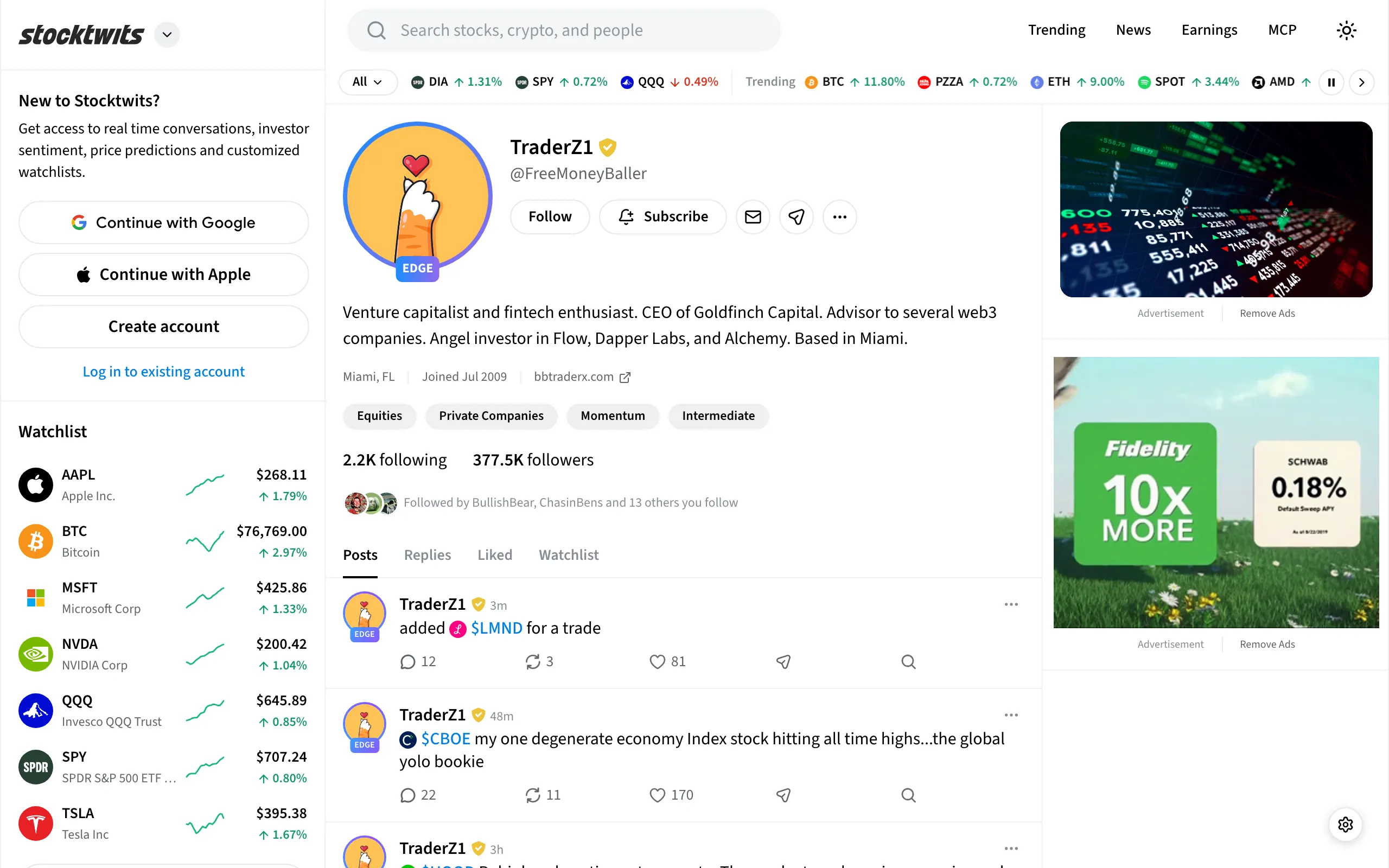 A trader profile: avatar, bio, strategy tags, followers, and posts