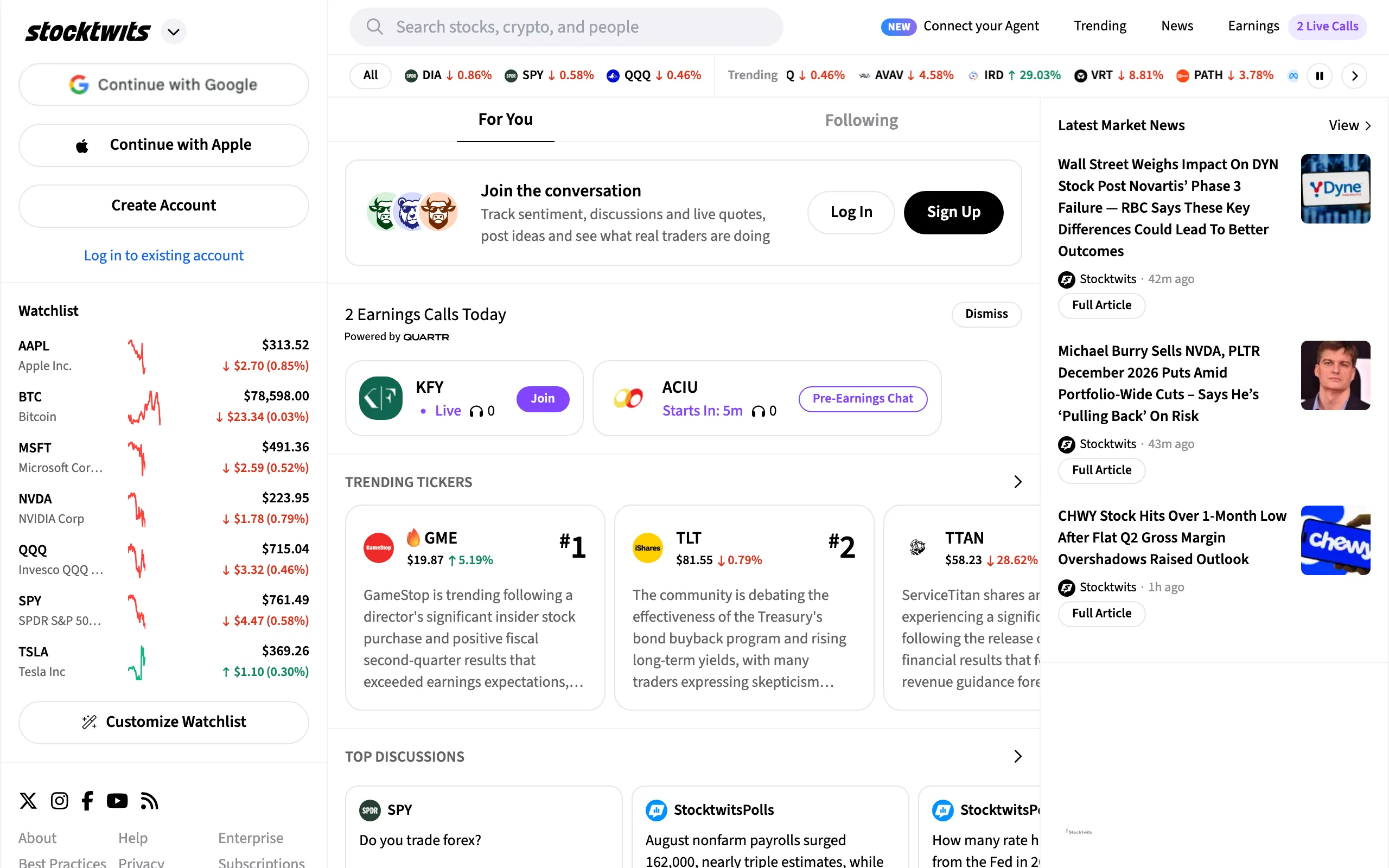 stocktwits.com today: logged-out home with earnings calls, trending tickers, and top discussions