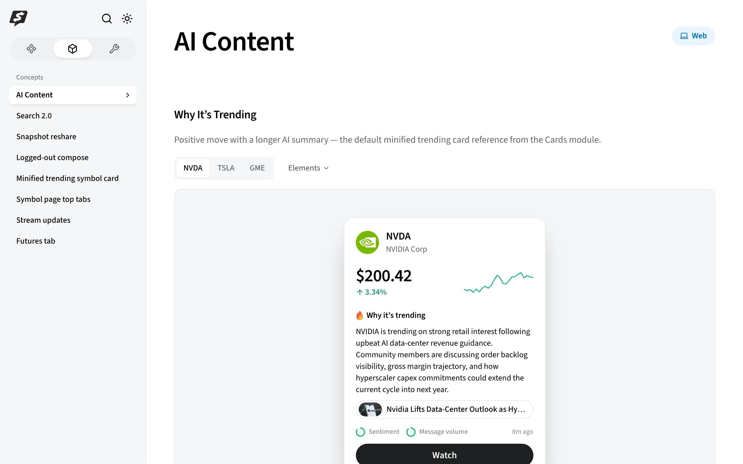 The Why It’s Trending card for NVDA: price, sparkline, and an AI summary of the move